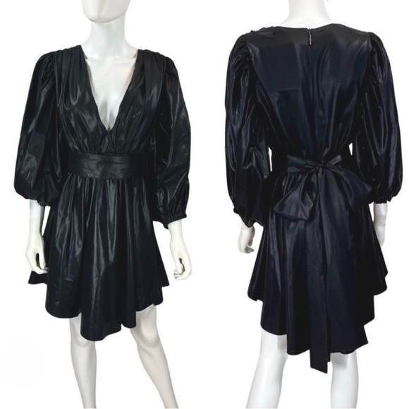 MSGM Satin High Shine Faux Wrap Asymmetrical  Puff Sleeve Bow Tie Mini Dress NEW - Picture 10 of 16
